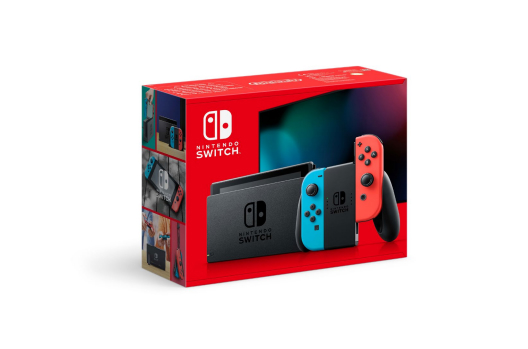Caja roja de Nintendo Switch con consola negra, mando azul y rojo. El logo de Nintendo Switch está en la caja.