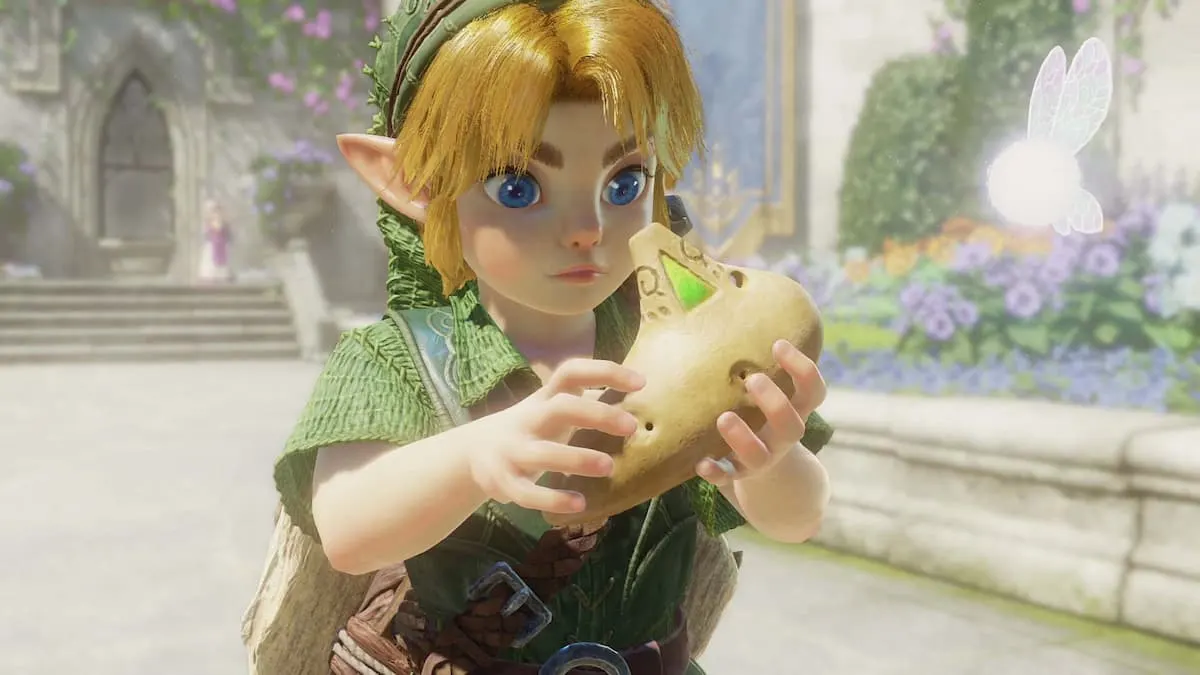 Link sosteniendo una ocarina de madera, con un hada volando cerca en un jardín.