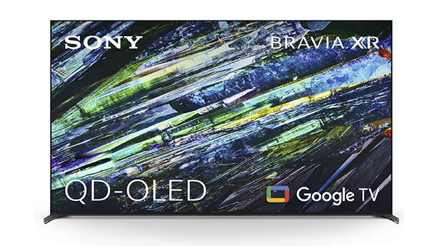 Pantalla de televisión Sony Bravia XR QD-OLED con logos de Sony y Google TV. El fondo de pantalla es abstracto con trazos de colores.