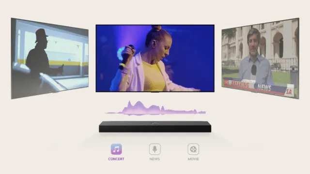 Tres pantallas muestran un hombre con sombrero, una cantante y un reportero de noticias. Una barra de sonido negra está debajo.