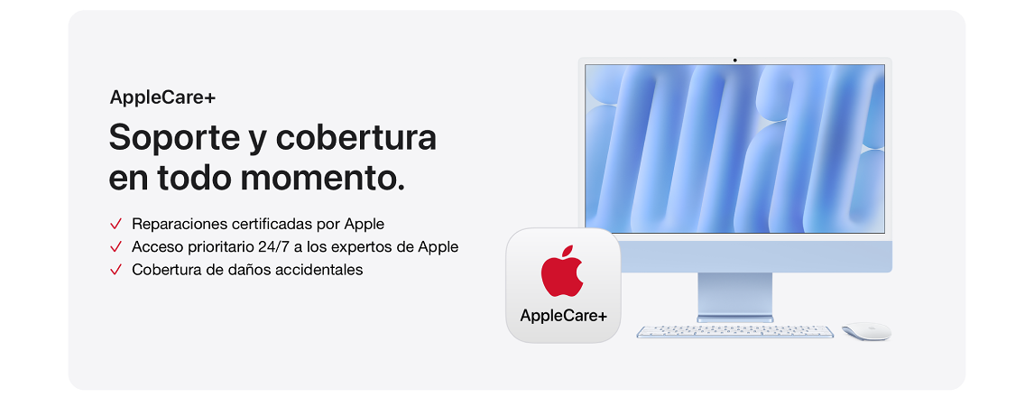 Un ordenador con fondo azul, un teclado y un ratón blancos, y el logo de AppleCare+ con una manzana roja.