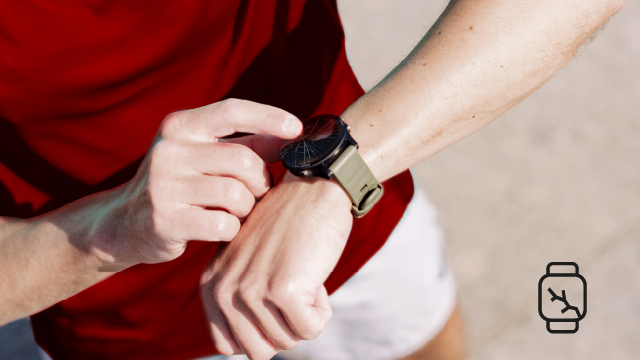 Persona con camiseta roja y pantalón corto blanco interactúa con reloj de pulsera con correa color caqui. El fondo es neutro.