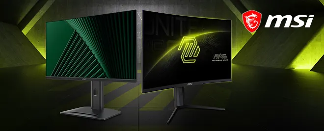 Dos monitores gaming MSI encendidos en un entorno oscuro con luces verdes, junto al logotipo rojo y blanco de MSI en la esquina superior derecha