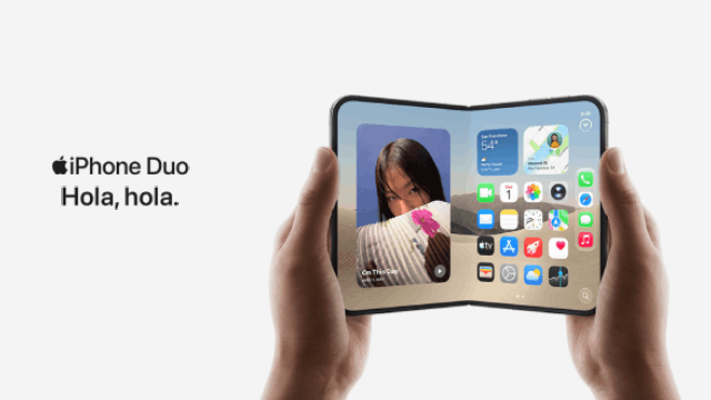 iPhone Duo plegable sostenido con ambas manos, mostrando dos pantallas con aplicaciones y una fotografía; texto «Hola, hola».