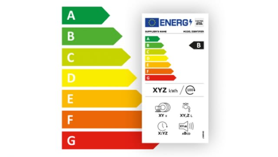 Etiqueta de eficiencia energética con flechas de colores de la A a la G y otra etiqueta con la clase energética B.