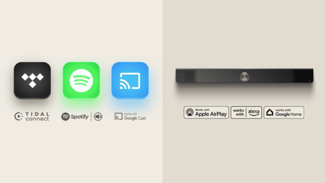 Logotipos de Tidal, Spotify, Google Cast, Apple AirPlay, Alexa y Google Home junto a una barra de sonido negra.
