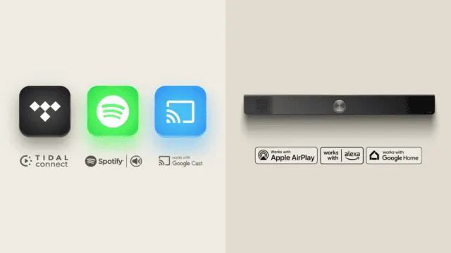 Logotipos de Tidal, Spotify, Google Cast, Apple AirPlay, Alexa y Google Home junto a una barra de sonido negra.