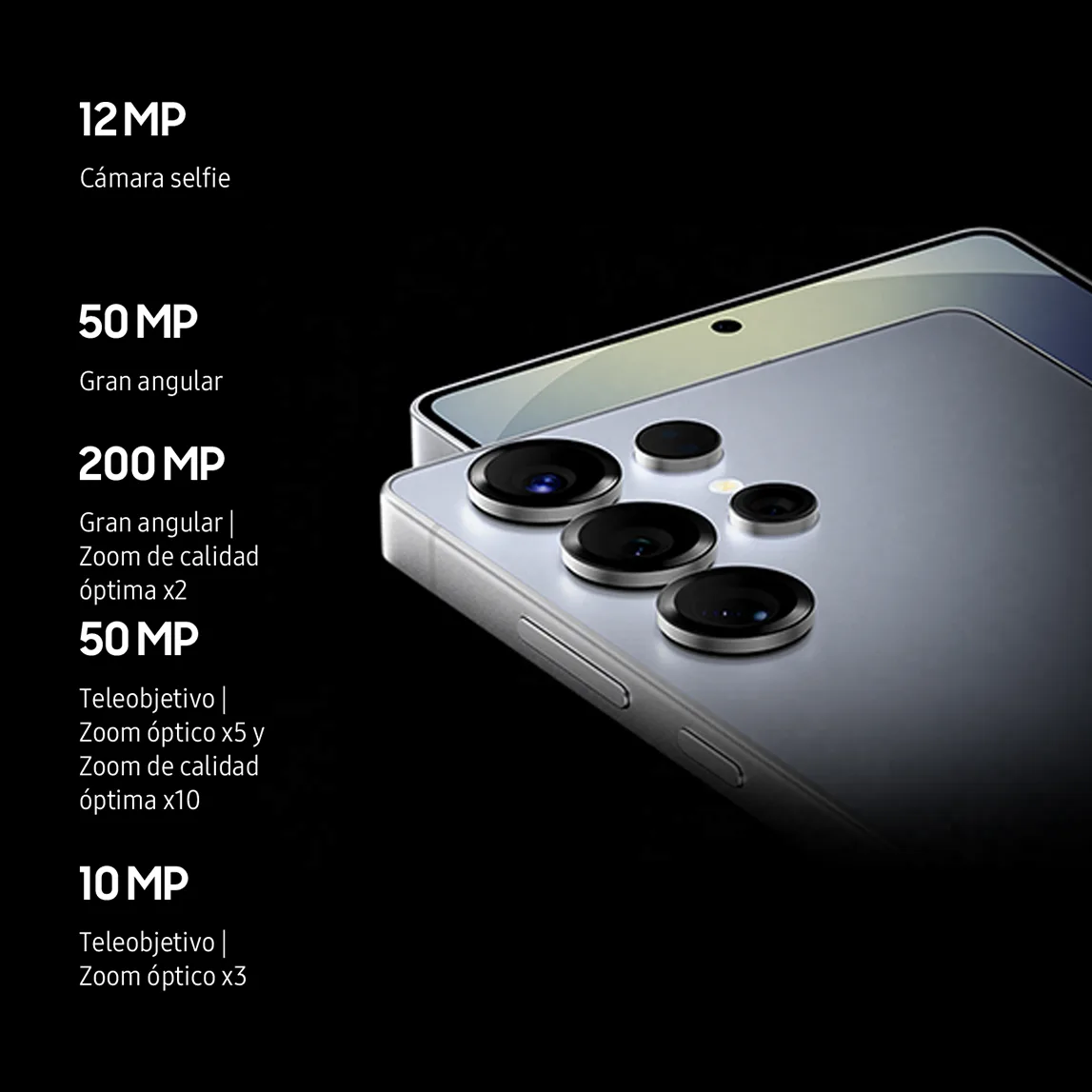 Un teléfono móvil gris plata con cinco lentes de cámara circulares sobre un fondo negro con texto.