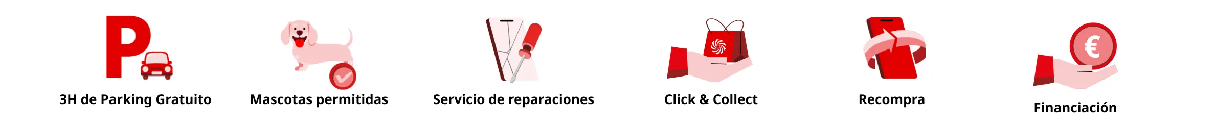 Varios iconos rojos sobre fondo blanco: estacionamiento, mascotas, reparaciones, click&collect, recompra y financiación.