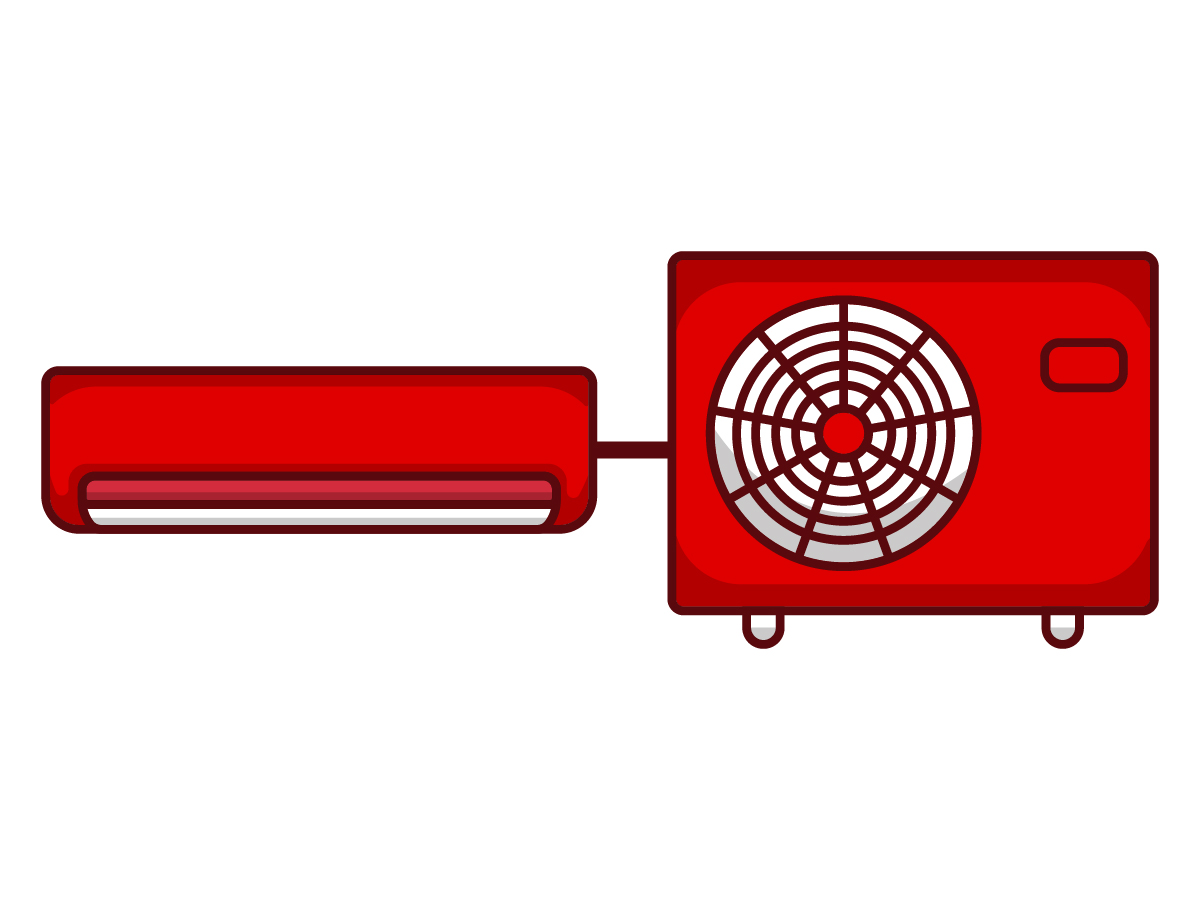 Aparato de aire acondicionado rojo con rejilla frontal y unidad exterior con ventilador circular sobre fondo blanco.