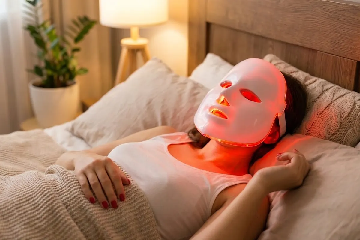 Mujer descansando en la cama con una máscara facial LED roja.