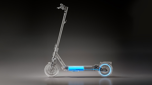 Vista lateral del Xiaomi Electric Scooter 5 Max con efecto de transparencia que muestra el sistema de batería interna y el mecanismo de recuperación de energía.