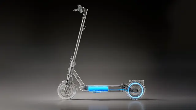 Vista lateral del Xiaomi Electric Scooter 5 Max con efecto de transparencia que muestra el sistema de batería interna y el mecanismo de recuperación de energía.