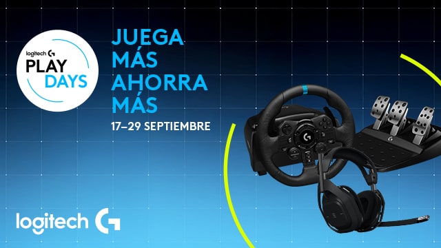 Volante y auriculares gaming Logitech g anunciando la campaña Logitech G Play Days