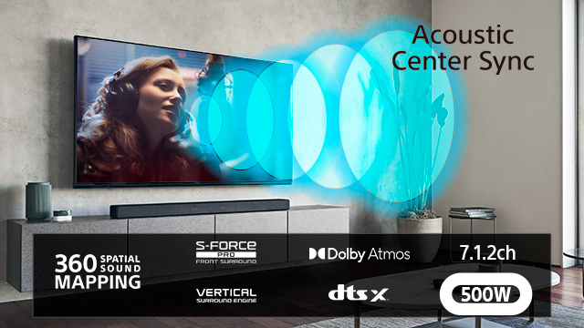 Televisor mostrando a una persona con auriculares, barra de sonido, altavoz y tecnologías de audio descritas.