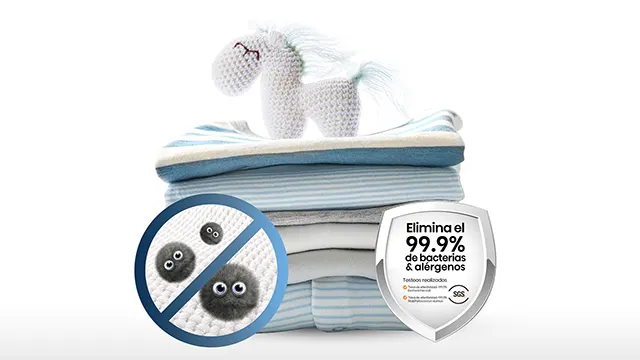 Una pila de ropa con un icono de particulas dentro de una señal de prohibido y un texto que dice elimina el 99,9%