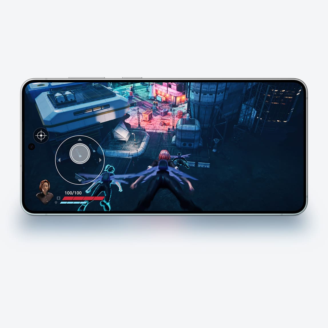 Teléfono móvil que muestra un videojuego con figuras volando en un entorno urbano nocturno con luces de neón.