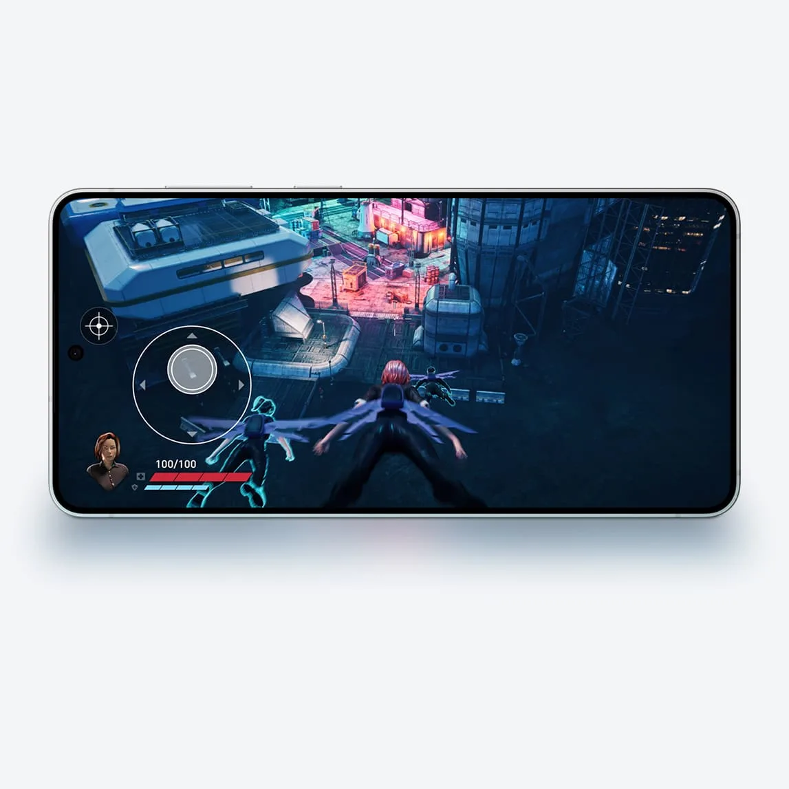 Teléfono móvil que muestra un videojuego con figuras volando en un entorno urbano nocturno con luces de neón.