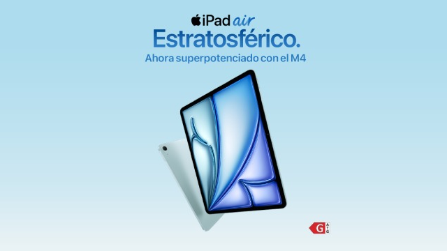 Tabletas Apple iPad Air en varios colores en abanico sobre fondo azul claro, con el logotipo de Apple y texto “iPad Air” arriba.