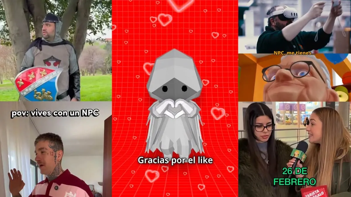 Collage de escenas humorísticas de NPC con personaje animado y texto “Gracias por el like”.