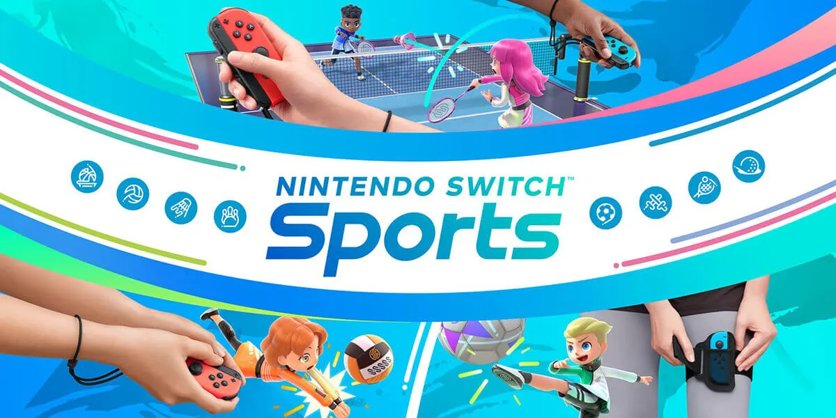 Póster de Nintendo Switch Sports con personajes jugando tenis, voleibol y fútbol usando mandos Joy-Con. Logotipo en azul sobre fondo blanco.