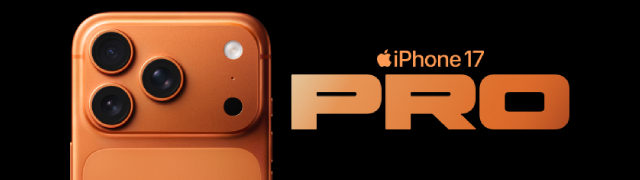 iPhone 17 Pro en color naranja cobre con triple cámara, fondo negro y letras doradas