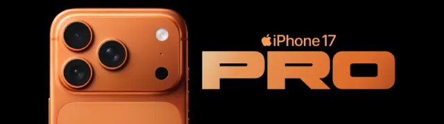 iPhone 17 Pro en color naranja cobre con triple cámara, fondo negro y letras doradas
