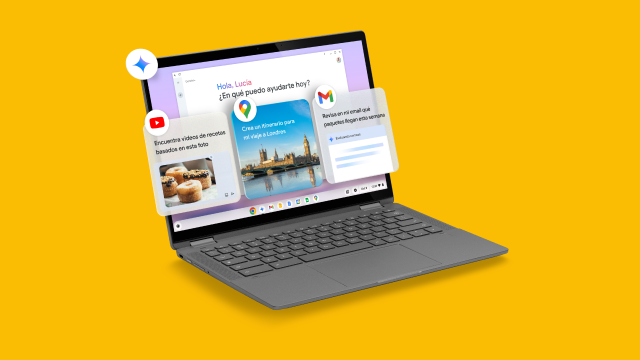 Un portátil gris abierto muestra aplicaciones: YouTube, Google Maps con Londres, y Gmail. El fondo es amarillo.