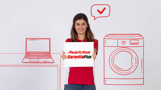Mujer sonriendo con cartel "Garantía Plus" en rojo. Dibujos de portátil, lavadora y un bocadillo con un tic en rojo.