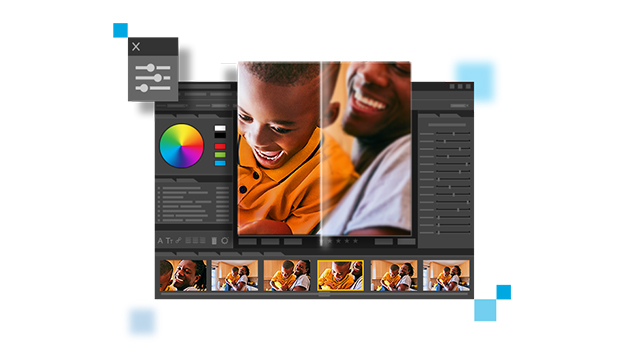 Interfaz de edición con fotos de padre e hijo sonriendo. Hay paleta de colores y ajustes en la interfaz.