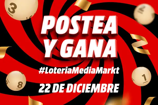 Fondo rojo y negro en espiral con bolas de lotería, cintas doradas y texto blanco "Postea y Gana, #LoteriaMediaMarkt, 22 de Diciembre".