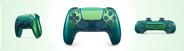 Mandos dual sense de sony en diferentes posiciones en fondo verde degradado