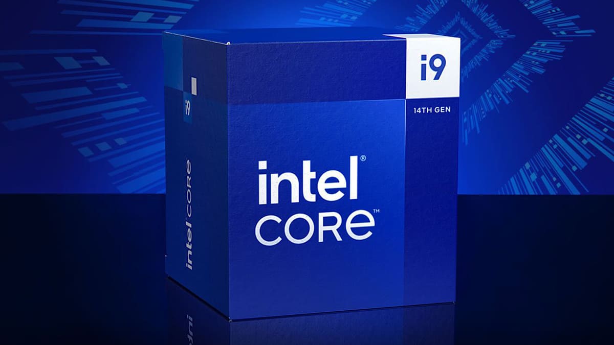 Caja azul de Intel Core i9 de 14ª generación con letras blancas sobre fondo azul con diseño gráfico.