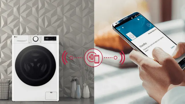 Lavasecadora LG conectada al smartphone vía app para control y diagnóstico inteligente.