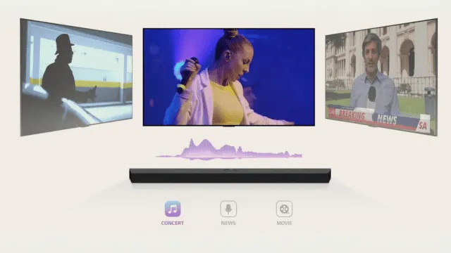 Pantalla con tres escenas: concierto, noticias y película. Debajo, barra de sonido negra y tres íconos: música, noticias y película.