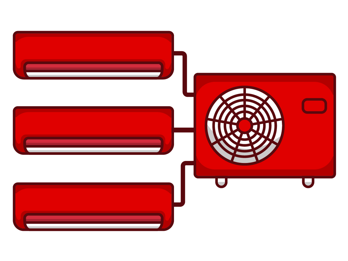 Tres unidades interiores rojas conectadas a una unidad exterior roja con un ventilador blanco circular.