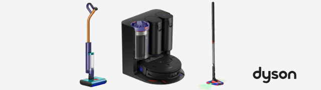 Imagen de tres aspiradoras de la marca Dyson de diseño avanzado sobre fondo blanco con el logo de dyson en la parte inferior.