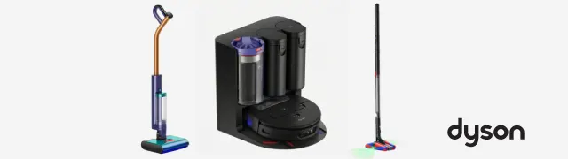 Imagen de tres aspiradoras de la marca Dyson de diseño avanzado sobre fondo blanco con el logo de dyson en la parte inferior.