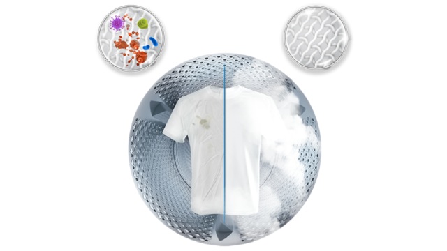 Imagen de una camiseta con  un el fondo del tambor de una lavadora dividida en dos, la parte izquiera está sucia y la derecha limpia.