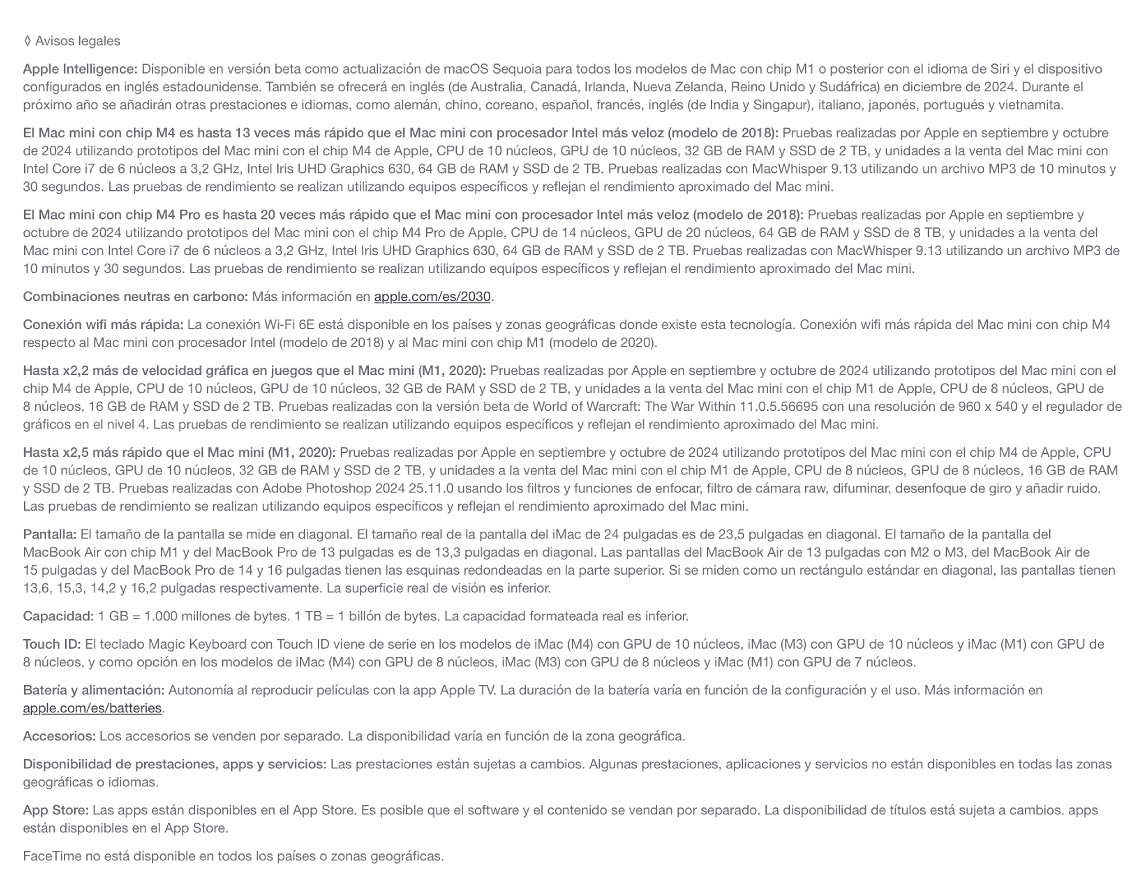 Texto con información sobre las últimas actualizaciones y capacidades de los productos Mac Mini e iMac.