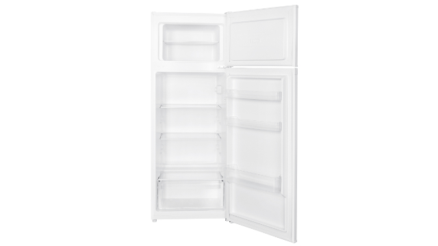 Combinación frigorífico-congelador OFK 471 E W con las puertas abiertas, los compartimentos y la distribución interior transparente.