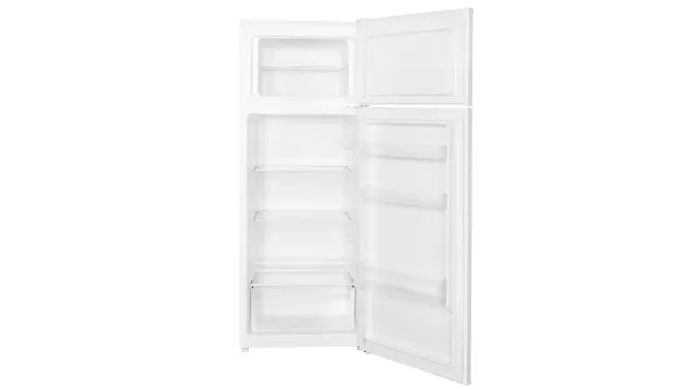 Combinación frigorífico-congelador OFK 471 E W con las puertas abiertas, los compartimentos y la distribución interior transparente.