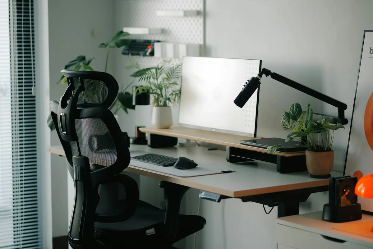Silla ergonómica negra frente a escritorio moderno con monitor, plantas y luz natural.