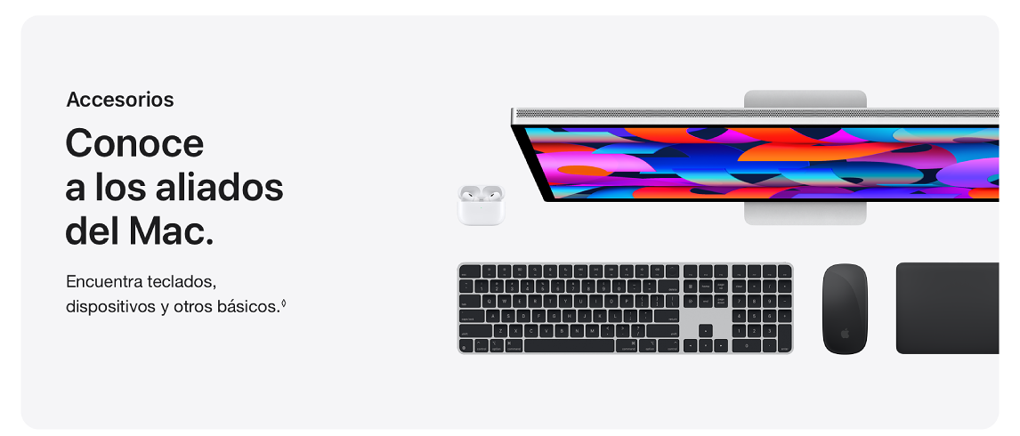 Monitor con pantalla colorida, audífonos, teclado, mouse y trackpad sobre fondo blanco.