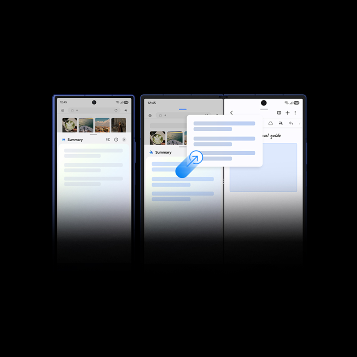 Smartphone desplegado mostrando pantalla dividida con aplicaciones abiertas.