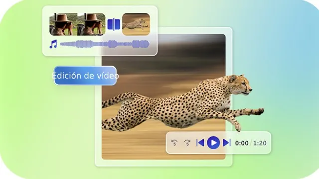 Interfaz de edición de video con un guepardo corriendo; miniaturas, pista de audio y controles de reproducción sobre fondo degradado.