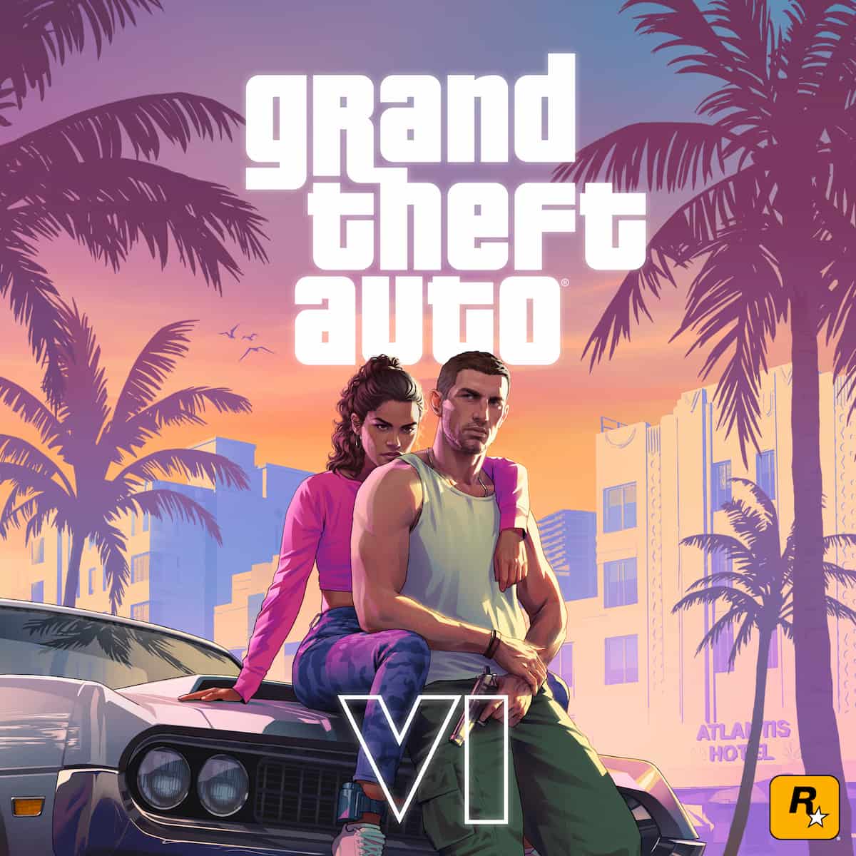 Carátula oficial de GTA VI con Jason y Lucía ante el skyline de Vice City al atardecer