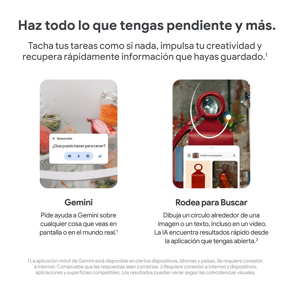 Dos capturas de pantalla de teléfonos muestran la funcionalidad de Gemini y Rodea para Buscar. La primera muestra una nevera y la segunda, una linterna roja.