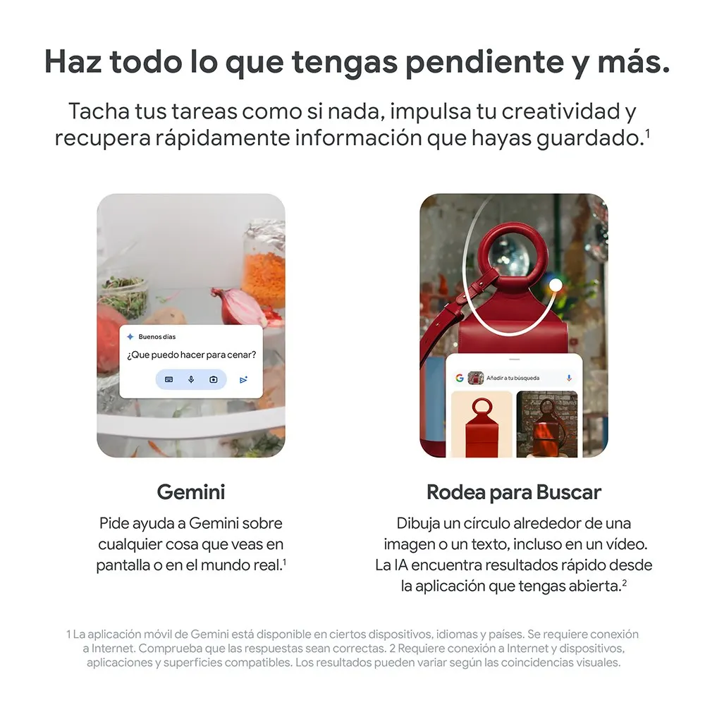 Dos capturas de pantalla de teléfonos muestran la funcionalidad de Gemini y Rodea para Buscar. La primera muestra una nevera y la segunda, una linterna roja.