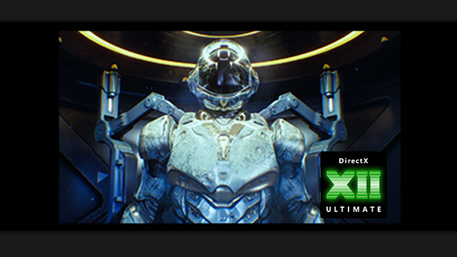 Un robot azul metálico con casco frente a un halo amarillo, con un logo verde de DirectX XII Ultimate.